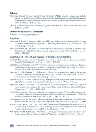Rubéole
ADVISORY COMMITTEE ON IMMUNISATION PRACTICES (ACIP). Measles, Mumps and Rubella.
Vaccine Use and Strategies for Elimination of Measles, Rubella and Congenital Rubella Syndrome
and Control of Mumps: Recommendations of the Advisory Committee on Immunisation Practices,
1998, MMWR 47 (RR-8); 1-57.
QUÉBEC. La rubéole, Protocole d’intervention. Québec, ministère de la Santé et des Services sociaux
du Québec, 1998.
Salmonellose (incluant la thyphoïde)
Se référer à la bibliographie générale.
Shigellose
HOFFMAN, R.E. et P.J. SHILLAM. «The Use of Hygiene, Cohorting, and Antimicrobial Therapy
to Control an Outbreak of Shigellosis», American Journal Diseases of Children, vol. 144,
no 2, 1990, p. 219-221.
MOHLE-BOETANI, J.C., et autres. «Community-Wide Shigellosis: Control of an Outbreak and
Risk Factors in Child Day-Care Centers», American Journal of Public Health, vol. 85,
1995, p. 812-816.
Streptocoque ß -hémolytique du groupe A (Infection envahissante à)
CIMOLAI, N., et autres. «Invasive Streptocuccus Pyogenes Infections in Children», Canadian
Journal of Public Health, vol. 83, no 3, 1992, p. 230-233.
DIRECTION GÉNÉRALE DE LA SANTÉ PUBLIQUE. Situation, orientations, recommandations. Infections
envahissantes à Streptococcus pyogenes (streptocoque ß hémolytique du groupe A), Québec,
ministère de la Santé de et des Services sociaux, 1996.
DOCTOR, A., M.B. HARPER et G.R. FLEISHER. «Group A-Hemolytic Streptococcal Bacteremia:
Historical Overview, Changing Incidence, and Recent Association with Varicella»,
Pediatrics, vol. 96, no 3, 1re
partie, 1995, p. 428-433.
ENGELGAU, M.M., et autres. «Invasive Group A Streptococcus Carriage in a Child Care Center after
a Fatal Case», Archives of Diseases in Childhood, vol. 71, no 4, 1994, p. 318-322.
ERIKSSON, B.K.G., et autres. «Epidemiological and Clinical Aspects of Invasive Group A
Streptococcal Infections and the Streptococcal Toxic Shock Syndrome», Clinical Infectious
Diseases, vol. 27, 1998, p. 1428-1436.
HUSAIN, E., et autres. «Infection invasive à streptocoque du groupe A chez un frère et une sœur:
cas plaidant en faveur de la prophylaxie antibiotique chez les contacts étroits», Relevé des
maladies transmissibles au Canada, vol. 27, no 17, 2001, p. 141-145.
LAUPLAND, KEVIN B., et autres. «Invasive Group A Streptococcal Disease in Children and
Association with Varicella-Zoster Virus Infection», Pediatrics, vol. 105, no 5, [s. l.], 2000.
MINISTÈRE DE LA SANTÉ DE L’ONTARIO. Draft Guidelines for Management of Contacts of Cases of
Invasive Group A Streptococcal Disease Including Toxic Shock-Like Syndrome and Necrotizing
Fascitis, Disease Control Service, Public Health Branch, 1995.
NOVOTNY, W., H. FADEN et L. MOSOWICH. «Emergence of Invasive Group A Streptococcal
Disease among Young Children», Clinical Pediatrics, vol. 31, no 10, 1992, p. 596-601.
460 Prévention et contrôle des infections dans les centres de la petite enfance du Québec
montage-xpd-02003 4/30/02 11:09 AM Page 460
 