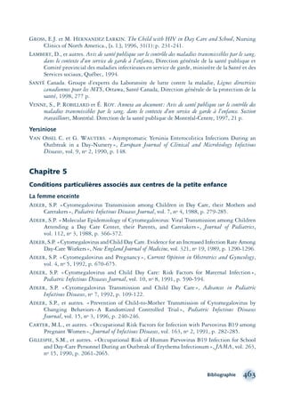 GROSS, E.J. et M. HERNANDEZ LARKIN. The Child with HIV in Day Care and School, Nursing
Clinics of North America., [s. l.], 1996, 31(1):p. 231-241.
LAMBERT, D., et autres. Avis de santé publique sur le contrôle des maladies transmissibles par le sang,
dans le contexte d’un service de garde à l’enfance, Direction générale de la santé publique et
Comité provincial des maladies infectieuses en service de garde, ministère de la Santé et des
Services sociaux, Québec, 1994.
SANTÉ Canada. Groupe d’experts du Laboratoire de lutte contre la maladie, Lignes directrices
canadiennes pour les MTS, Ottawa, Santé Canada, Direction générale de la protection de la
santé, 1998, 277 p.
VENNE, S., P. ROBILLARD et É. ROY. Annexe au document: Avis de santé publique sur le contrôle des
maladies transmissibles par le sang, dans le contexte d’un service de garde à l’enfance. Section
travailleurs, Montréal. Direction de la santé publique de Montréal-Centre, 1997, 21 p.
Yersiniose
VAN OSSEL C. et G. WAUTERS. «Asymptomatic Yersinia Enterocolitica Infections During an
Outbreak in a Day-Nursery», European Journal of Clinical and Microbiology Infectious
Diseases, vol. 9, no 2, 1990, p. 148.
Chapitre 5
Conditions particulières associés aux centres de la petite enfance
La femme enceinte
ADLER, S.P. «Cytomegalovirus Transmission among Children in Day Care, their Mothers and
Caretakers», Pediatric Infectious Diseases Journal, vol. 7, no 4, 1988, p. 279-285.
ADLER, S.P. «Molecular Epidemiology of Cytomegalovirus: Viral Transmission among Children
Attending a Day Care Center, their Parents, and Caretakers», Journal of Pediatrics,
vol. 112, no 3, 1988, p. 366-372.
ADLER, S.P. «Cytomegalovirus and Child Day Care. Evidence for an Increased Infection Rate Among
Day-Care Workers», New England Journal of Medicine, vol. 321, no 19, 1989, p. 1290-1296.
ADLER, S.P. «Cytomegalovirus and Pregnancy», Current Opinion in Obstretrics and Gynecology,
vol. 4, no 5, 1992, p. 670-675.
ADLER, S.P. «Cytomegalovirus and Child Day Care: Risk Factors for Maternal Infection»,
Pediatric Infectious Diseases Journal, vol. 10, no 8, 1991, p. 590-594.
ADLER, S.P. «Cytomegalovirus Transmission and Child Day Care», Advances in Pediatric
Infectious Diseases, no 7, 1992, p. 109-122.
ADLER, S.P., et autres. «Prevention of Child-to-Mother Transmission of Cytomegalovirus by
Changing Behaviors-A Randomized Controlled Trial», Pediatric Infectious Diseases
Journal, vol. 15, no 3, 1996, p. 240-246.
CARTER, M.L., et autres. «Occupational Risk Factors for Infection with Parvovirus B19 among
Pregnant Women», Journal of Infectious Diseases, vol. 163, no 2, 1991, p. 282-285.
GILLESPIE, S.M., et autres. «Occupational Risk of Human Parvovirus B19 Infection for School
and Day-Care Personnel During an Outbreak of Erythema Infectiosum», JAMA, vol. 263,
no 15, 1990, p. 2061-2065.
Bibliographie 463
montage-xpd-02003 4/30/02 11:09 AM Page 463
 