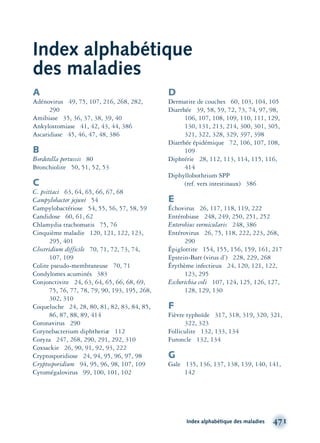 Index alphabétique des maladies 471
Index alphabétique
des maladies
A
Adénovirus 49, 75, 107, 216, 268, 282,
290
Amibiase 35, 36, 37, 38, 39, 40
Ankylostomiase 41, 42, 43, 44, 386
Ascaridiase 45, 46, 47, 48, 386
B
Bordetella pertussis 80
Bronchiolite 50, 51, 52, 53
C
C. psittaci 63, 64, 65, 66, 67, 68
Campylobacter jejuni 54
Campylobactériose 54, 55, 56, 57, 58, 59
Candidose 60, 61, 62
Chlamydia trachomatis 75, 76
Cinquième maladie 120, 121, 122, 123,
295, 401
Clostridium difficile 70, 71, 72, 73, 74,
107, 109
Colite pseudo-membraneuse 70, 71
Condylomes acuminés 383
Conjonctivite 24, 63, 64, 65, 66, 68, 69,
75, 76, 77, 78, 79, 90, 193, 195, 268,
302, 310
Coqueluche 24, 28, 80, 81, 82, 83, 84, 85,
86, 87, 88, 89, 414
Coronavirus 290
Corynebacterium diphtheriæ 112
Coryza 247, 268, 290, 291, 292, 310
Coxsackie 26, 90, 91, 92, 93, 222
Cryptosporidiose 24, 94, 95, 96, 97, 98
Cryptosporidium 94, 95, 96, 98, 107, 109
Cytomégalovirus 99, 100, 101, 102
D
Dermatite de couches 60, 103, 104, 105
Diarrhée 39, 58, 59, 72, 73, 74, 97, 98,
106, 107, 108, 109, 110, 111, 129,
130, 131, 213, 214, 300, 301, 305,
321, 322, 328, 329, 397, 398
Diarrhée épidémique 72, 106, 107, 108,
109
Diphtérie 28, 112, 113, 114, 115, 116,
414
Diphyllobothrium SPP
(ref. vers intestinaux) 386
E
Échovirus 26, 117, 118, 119, 222
Entérobiase 248, 249, 250, 251, 252
Enterobius vermicularis 248, 386
Entérovirus 26, 75, 118, 222, 223, 268,
290
Épiglottite 154, 155, 156, 159, 161, 217
Epstein-Barr (virus d’) 228, 229, 268
Érythème infectieux 24, 120, 121, 122,
123, 295
Escherichia coli 107, 124, 125, 126, 127,
128, 129, 130
F
Fièvre typhoïde 317, 318, 319, 320, 321,
322, 323
Folliculite 132, 133, 134
Furoncle 132, 134
G
Gale 135, 136, 137, 138, 139, 140, 141,
142
montage-xpd-02003 4/30/02 11:09 AM Page 471
 