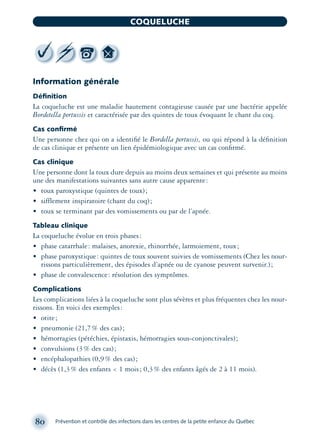 Information générale
Déﬁnition
La coqueluche est une maladie hautement contagieuse causée par une bactérie appelée
Bordetella pertussis et caractérisée par des quintes de toux évoquant le chant du coq.
Cas conﬁrmé
Une personne chez qui on a identiﬁé le Bordella pertussis, ou qui répond à la déﬁnition
de cas clinique et présente un lien épidémiologique avec un cas conﬁrmé.
Cas clinique
Une personne dont la toux dure depuis au moins deux semaines et qui présente au moins
une des manifestations suivantes sans autre cause apparente:
• toux paroxystique (quintes de toux);
• sifflement inspiratoire (chant du coq);
• toux se terminant par des vomissements ou par de l’apnée.
Tableau clinique
La coqueluche évolue en trois phases:
• phase catarrhale: malaises, anorexie, rhinorrhée, larmoiement, toux;
• phase paroxystique: quintes de toux souvent suivies de vomissements (Chez les nour-
rissons particulièrement, des épisodes d’apnée ou de cyanose peuvent survenir.);
• phase de convalescence: résolution des symptômes.
Complications
Les complications liées à la coqueluche sont plus sévères et plus fréquentes chez les nour-
rissons. En voici des exemples:
• otite;
• pneumonie (21,7% des cas);
• hémorragies (pétéchies, épistaxis, hémorragies sous-conjonctivales);
• convulsions (3% des cas);
• encéphalopathies (0,9% des cas);
• décès (1,3% des enfants < 1 mois; 0,3% des enfants âgés de 2 à 11 mois).
80 Prévention et contrôle des infections dans les centres de la petite enfance du Québec
COQUELUCHE
montage-xpd-02003 4/30/02 11:08 AM Page 80
 