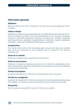 Information générale
Déﬁnition
Infection causée par le virus de Coxsackie. Les infections sont plus fréquentes l’été et
l’automne.
Tableau clinique
L’infection est le plus souvent asymptomatique. La manifestation la plus fréquente de l’in-
fection à Coxsackie est la ﬁèvre. Les autres manifestations sont les suivantes: pharyngite
vésiculeuse entérovirale (herpangine), stomatite vésiculeuse avec exanthème (syndrome
pieds-mains-bouche), pharyngite lymphonodulaire entérovirale, myalgie épidémique,
myocardite, conjonctivite épidémique hémorragique et méningite.
Complications
Une virémie chez la mère en ﬁn de grossesse ayant contracté une infection à coxsackie
peut causer une myocardite ou une encéphalite chez le nouveau-né. Cela demeure
cependant rare.
Durée de la maladie
L’infection à coxsackie dure en général moins de dix jours.
Mode de transmission
L’infection à coxsackie se transmet par contact avec les sécrétions oropharyngées ou les
selles d’une personne infectée (qu’elle présente des symptômes ou non), ou par inhalation
de gouttelettes contaminées.
Période d’incubation
La période d’incubation de l’infection à coxsackie dure de trois à cinq jours.
Période de contagiosité
La période de contagiosité de l’infection à coxsackie est maximale pendant la phase aiguë
de la maladie; le virus peut persister pendant huit à douze semaines dans les selles.
Réceptivité
Tout le monde est susceptible de contracter l’infection à coxsackie.
90 Prévention et contrôle des infections dans les centres de la petite enfance du Québec
COXSACKIE (infection à)
montage-xpd-02003 4/30/02 11:08 AM Page 90
 