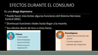 EFECTOS DURANTE EL CONSUMO
Es una droga depresora:
Puede hacer más lentas algunas funciones del Sistema Nervioso
Central (SNC).
Disminuye funciones vitales hasta llegar a la muerte.
Sus efectos duran de tres a cinco horas.
 