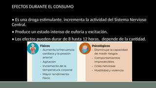 EFECTOS DURANTE EL CONSUMO
• Es una droga estimulante, incrementa la actividad del Sistema Nervioso
Central.
• Produce un estado intenso de euforia y excitación.
• Los efectos pueden durar de 8 hasta 12 horas, depende de la cantidad.
 