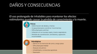 DAÑOS Y CONSECUENCIAS
El uso prolongado de inhalables para mantener los efectos
estimulantes puede causar la pérdida de conocimiento y la muerte.
 