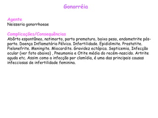 Gonorréia Agente Neisseria gonorrhoeae   Complicações/Consequências Abôrto espontâneo, natimorto, parto prematuro, baixo peso, endometrite pós-parto. Doença Inflamatória Pélvica. Infertilidade. Epididimite. Prostatite. Pielonefrite. Meningite. Miocardite. Gravidez ectópica. Septicemia, Infecção ocular (ver foto abaixo) , Pneumonia e Otite média do recém-nascido. Artrite aguda etc. Assim como a infecção por clamídia, é uma das principais causas infecciosas de infertilidade feminina.  