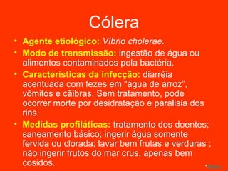Cólera Agente etiológico:  Víbrio cholerae. Modo de transmissão:  ingestão de água ou alimentos contaminados pela bactéria. Características da infecção:  diarréia acentuada com fezes em “água de arroz”, vômitos e cãibras. Sem tratamento, pode ocorrer morte por desidratação e paralisia dos rins. Medidas profiláticas:  tratamento dos doentes; saneamento básico; ingerir água somente fervida ou clorada; lavar bem frutas e verduras ; não ingerir frutos do mar crus, apenas bem cosidos. * Menu 
