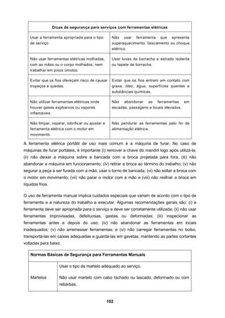 102
Dicas de segurança para serviços com ferramentas elétricas
Usar a ferramenta apropriada para o tipo
de serviço
Não usar ferramenta que apresente
superaquecimento, faiscamento ou choque
elétrico.
Não usar ferramentas elétricas molhadas,
com as mãos ou o corpo molhados, nem
trabalhar em pisos úmidos.
Usar luvas de borracha e estrado isolante
ou tapete de borracha.
Evitar que os fios ofereçam risco de causar
tropeços e quedas.
Evitar que os fios entrem em contato com
graxa, óleo, água, superfícies quentes e
substâncias químicas.
Não utilizar ferramentas elétricas onde
houver gases explosivos ou vapores
inflamáveis.
Não abandonar as ferramentas em
escadas, passagens e locais elevados.
Não limpar, reparar, lubrificar ou ajustar a
ferramenta elétrica com o motor em
movimento.
Não pendurar as ferramentas pelo fio de
alimentação elétrica.
A ferramenta elétrica portátil de uso mais comum é a máquina de furar. No caso de
máquinas de furar portáteis, é importante (i) remover a chave do mandril logo após utilizá-la;
(ii) não deixar a máquina sobre a bancada com a broca projetada para fora; (iii) não
abandonar a máquina em funcionamento; (iv) retirar a broca ao término do trabalho; (v) não
segurar a peça a ser furada com a mão, usar o torno de bancada; (vi) não soltar a broca com
o motor em movimento; (vii) não parar o motor com a mão e (viii) não resfriar a broca em
líquidos frios.
O uso de ferramenta manual implica cuidados especiais que variam de acordo com o tipo de
ferramenta e a natureza do trabalho a executar. Algumas recomendações gerais são: (i) a
ferramenta deve ser apropriada para o serviço e deve ser corretamente utilizada; (ii) não usar
ferramentas improvisadas, defeituosas, gastas ou deformadas; (iii) inspecionar as
ferramentas antes e depois do uso; (iv) não abandonar as ferramentas em locais
inadequados; (v) não arremessar ferramentas; e (vi) não carregar ferramentas no bolso,
transportá-las em caixas adequadas e guardá-las em gavetas, mantendo as partes cortantes
voltadas para baixo.
Normas Básicas de Segurança para Ferramentas Manuais
Martelos
Usar o tipo de martelo adequado ao serviço.
Não usar martelo com cabo rachado ou lascado, deformado ou com
rebarbas.
 