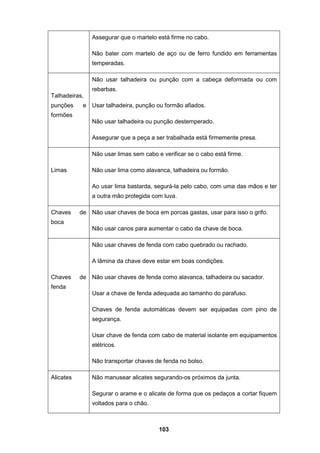 103
Assegurar que o martelo está firme no cabo.
Não bater com martelo de aço ou de ferro fundido em ferramentas
temperadas.
Talhadeiras,
punções e
formões
Não usar talhadeira ou punção com a cabeça deformada ou com
rebarbas.
Usar talhadeira, punção ou formão afiados.
Não usar talhadeira ou punção destemperado.
Assegurar que a peça a ser trabalhada está firmemente presa.
Limas
Não usar limas sem cabo e verificar se o cabo está firme.
Não usar lima como alavanca, talhadeira ou formão.
Ao usar lima bastarda, segurá-la pelo cabo, com uma das mãos e ter
a outra mão protegida com luva.
Chaves de
boca
Não usar chaves de boca em porcas gastas, usar para isso o grifo.
Não usar canos para aumentar o cabo da chave de boca.
Chaves de
fenda
Não usar chaves de fenda com cabo quebrado ou rachado.
A lâmina da chave deve estar em boas condições.
Não usar chaves de fenda como alavanca, talhadeira ou sacador.
Usar a chave de fenda adequada ao tamanho do parafuso.
Chaves de fenda automáticas devem ser equipadas com pino de
segurança.
Usar chave de fenda com cabo de material isolante em equipamentos
elétricos.
Não transportar chaves de fenda no bolso.
Alicates Não manusear alicates segurando-os próximos da junta.
Segurar o arame e o alicate de forma que os pedaços a cortar fiquem
voltados para o chão.
 