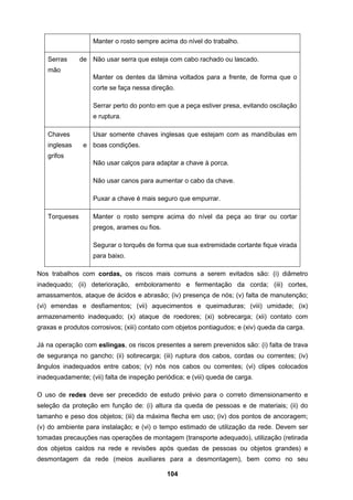 104
Manter o rosto sempre acima do nível do trabalho.
Serras de
mão
Não usar serra que esteja com cabo rachado ou lascado.
Manter os dentes da lâmina voltados para a frente, de forma que o
corte se faça nessa direção.
Serrar perto do ponto em que a peça estiver presa, evitando oscilação
e ruptura.
Chaves
inglesas e
grifos
Usar somente chaves inglesas que estejam com as mandíbulas em
boas condições.
Não usar calços para adaptar a chave à porca.
Não usar canos para aumentar o cabo da chave.
Puxar a chave é mais seguro que empurrar.
Torqueses Manter o rosto sempre acima do nível da peça ao tirar ou cortar
pregos, arames ou fios.
Segurar o torquês de forma que sua extremidade cortante fique virada
para baixo.
Nos trabalhos com cordas, os riscos mais comuns a serem evitados são: (i) diâmetro
inadequado; (ii) deterioração, emboloramento e fermentação da corda; (iii) cortes,
amassamentos, ataque de ácidos e abrasão; (iv) presença de nós; (v) falta de manutenção;
(vi) emendas e desfiamentos; (vii) aquecimentos e queimaduras; (viii) umidade; (ix)
armazenamento inadequado; (x) ataque de roedores; (xi) sobrecarga; (xii) contato com
graxas e produtos corrosivos; (xiii) contato com objetos pontiagudos; e (xiv) queda da carga.
Já na operação com eslingas, os riscos presentes a serem prevenidos são: (i) falta de trava
de segurança no gancho; (ii) sobrecarga; (iii) ruptura dos cabos, cordas ou correntes; (iv)
ângulos inadequados entre cabos; (v) nós nos cabos ou correntes; (vi) clipes colocados
inadequadamente; (vii) falta de inspeção periódica; e (viii) queda de carga.
O uso de redes deve ser precedido de estudo prévio para o correto dimensionamento e
seleção da proteção em função de: (i) altura da queda de pessoas e de materiais; (ii) do
tamanho e peso dos objetos; (iii) da máxima flecha em uso; (iv) dos pontos de ancoragem;
(v) do ambiente para instalação; e (vi) o tempo estimado de utilização da rede. Devem ser
tomadas precauções nas operações de montagem (transporte adequado), utilização (retirada
dos objetos caídos na rede e revisões após quedas de pessoas ou objetos grandes) e
desmontagem da rede (meios auxiliares para a desmontagem), bem como no seu
 