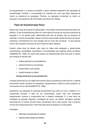 38
Os equipamentos e os postos de trabalho a serem utilizados dependem das operações de
transformação. Também a movimentação de materiais por meio das áreas depende do
roteiro ou sequência de operações. Portanto, as operações envolvidas no roteiro ou
processo e sua sequência são informações que devem ser obtidas.
Tipos de leiaute/arranjo físico
Depois que o tipo de processo foi selecionado, o tipo básico de leiaute/arranjo físico deve ser
definido. O tipo de leiaute/arranjo físico é a forma geral do arranjo de recursos produtivos da
operação e é, em grande parte, determinado pelo tipo de produto, tipo de processo de
produção e volume de produção. Apesar de termos essa divisão teórica dos tipos de leiaute,
raramente, encontraremos em uma situação real um único tipo de leiaute. O que costuma
ocorrer são situações nas quais há uma mescla dos tipos clássicos.
Existem vários tipos de leiaute, pois cada um deles está adequado a determinadas
características, quantidades, diversidade e movimentações dos materiais dentro da fábrica
(CAMAROTTO, 1998). Os quatro tipos básicos de leiaute/arranjo físico dos quais a maioria
dos arranjos se derivam são:
» arranjo posicional ou por posição fixa;
» arranjo funcional ou por processo;
» arranjo linear ou por produto;
» arranjo de grupo ou celular.
Arranjo posicional ou por posição fixa
O leiaute posicional (ou em inglês fixed product layout) caracteriza-se pelo fato de o material
permanecer parado enquanto os operadores, equipamentos e todos os outros produtos, se
movimentam à sua volta (CAMAROTTO, 1998).
Atualmente, sua aplicação se restringe principalmente aos casos em que o material, ou o
componente principal, é difícil de ser movimentado, sendo mais fácil transportar
equipamentos, homens e componentes até o material imobilizado. É o caso típico de
montagem de grandes máquinas, montagens de navios, de prédios, barragens, grandes
aeronaves etc. O número de itens finais normalmente não é muito grande, mas o tamanho
do lote dos componentes para o item final pode variar de pequeno a muito grande.
Vantagens
» Reduzida movimentação do material.
» Oferece oportunidades de trabalho.
 