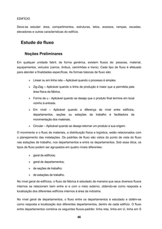46
EDIFÍCIO
Deve-se estudar: área, compartimentos, estruturas, tetos, acessos, rampas, escadas,
elevadores e outras características do edifício.
Estudo do fluxo
Noções Preliminares
Em qualquer unidade fabril, de forma genérica, existem fluxos de: pessoas, material,
equipamentos, veículos (carros, ônibus, caminhões e trens). Cada tipo de fluxo é efetuado
para atender a finalidades específicas. As formas básicas de fluxo são:
» Linear ou em linha reta – Aplicável quando o processo é simples.
» Zig-Zag – Aplicável quando a linha de produção é maior que a permitida pela
área física da fábrica.
» Forma de u - Aplicável quando se deseja que o produto final termine em local
vizinho à entrada.
» Em nível – Aplicável quando a diferença de nível entre edifícios,
departamentos, seções ou estações de trabalho é facilitadora da
movimentação dos materiais.
» Circular – Aplicável quando se deseja retornar um produto à sua origem.
O movimento e o fluxo de materiais, a distribuição física e logística, estão relacionados com
o planejamento das instalações. Os padrões de fluxo são vistos do ponto de vista do fluxo
nas estações de trabalho, nos departamentos e entre os departamentos. Sob essa ótica, os
tipos de fluxo podem ser agrupados em quatro níveis diferentes:
» geral de edifícios;
» geral de departamentos;
» de seções de trabalho;
» de estações de trabalho.
No nível geral de edifícios, o fluxo da fábrica é estudado de maneira que seus diversos fluxos
internos se relacionem bem entre si e com o meio externo, obtendo-se como resposta a
localização dos diferentes edifícios internos à área da indústria.
No nível geral de departamentos, o fluxo entre os departamentos é estudado e obtêm-se
como resposta a localização dos diferentes departamentos, dentro de cada edifício. O fluxo
entre departamentos combina os seguintes fluxos-padrão: linha reta, linha em U, linha em S
 