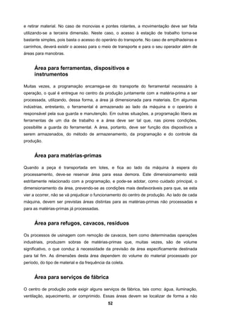 52
e retirar material. No caso de monovias e pontes rolantes, a movimentação deve ser feita
utilizando-se a terceira dimensão. Neste caso, o acesso à estação de trabalho torna-se
bastante simples, pois basta o acesso do operário do transporte. No caso de empilhadeiras e
carrinhos, deverá existir o acesso para o meio de transporte e para o seu operador além de
áreas para manobras.
Área para ferramentas, dispositivos e
instrumentos
Muitas vezes, a programação encarrega-se do transporte do ferramental necessário à
operação, o qual é entregue no centro da produção juntamente com a matéria-prima a ser
processada, utilizando, dessa forma, a área já dimensionada para materiais. Em algumas
indústrias, entretanto, o ferramental é armazenado ao lado da máquina e o operário é
responsável pela sua guarda e manutenção. Em outras situações, a programação libera as
ferramentas de um dia de trabalho e a área deve ser tal que, nas piores condições,
possibilite a guarda do ferramental. A área, portanto, deve ser função dos dispositivos a
serem armazenados, do método de armazenamento, da programação e do controle da
produção.
Área para matérias-primas
Quando a peça é transportada em lotes, e fica ao lado da máquina à espera do
processamento, deve-se reservar área para essa demora. Este dimensionamento está
estritamente relacionado com a programação, e pode-se adotar, como cuidado principal, o
dimensionamento da área, prevendo-se as condições mais desfavoráveis para que, se esta
vier a ocorrer, não se vá prejudicar o funcionamento do centro de produção. Ao lado de cada
máquina, devem ser previstas áreas distintas para as matérias-primas não processadas e
para as matérias-primas já processadas.
Área para refugos, cavacos, resíduos
Os processos de usinagem com remoção de cavacos, bem como determinadas operações
industriais, produzem sobras de matérias-primas que, muitas vezes, são de volume
significativo, o que conduz à necessidade da previsão de área especificamente destinada
para tal fim. As dimensões desta área dependem do volume do material processado por
período, do tipo de material e da frequência da coleta.
Área para serviços de fábrica
O centro de produção pode exigir alguns serviços de fábrica, tais como: água, iluminação,
ventilação, aquecimento, ar comprimido. Essas áreas devem se localizar de forma a não
 