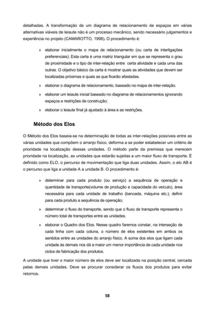 58
detalhadas. A transformação de um diagrama de relacionamento de espaços em várias
alternativas viáveis de leiaute não é um processo mecânico, sendo necessário julgamentos e
experiência no projeto (CAMAROTTO, 1998). O procedimento é:
» elaborar inicialmente o mapa de relacionamento (ou carta de interligações
preferenciais). Esta carta é uma matriz triangular em que se representa o grau
de proximidade e o tipo de inter-relação entre certa atividade e cada uma das
outras. O objetivo básico da carta é mostrar quais as atividades que devem ser
localizadas próximas e quais as que ficarão afastadas.
» elaborar o diagrama de relacionamento, baseado no mapa de inter-relação.
» elaborar um leiaute inicial baseado no diagrama de relacionamentos ignorando
espaços e restrições de construção;
» elaborar o leiaute final já ajustado à área e as restrições.
Método dos Elos
O Método dos Elos baseia-se na determinação de todas as inter-relações possíveis entre as
várias unidades que compõem o arranjo físico, deforma a se poder estabelecer um critério de
prioridade na localização dessas unidades. O método parte da premissa que merecem
prioridade na localização, as unidades que estarão sujeitas a um maior fluxo de transporte. É
definido como ELO, o percurso de movimentação que liga duas unidades. Assim, o elo AB é
o percurso que liga a unidade A a unidade B. O procedimento é:
» determinar para cada produto (ou serviço) a sequência de operação e
quantidade de transporte(volume de produção e capacidade do veículo), área
necessária para cada unidade de trabalho (bancada, máquina etc.); definir
para cada produto a sequência de operação;
» determinar o fluxo do transporte, sendo que o fluxo de transporte representa o
número total de transportes entre as unidades.
» elaborar o Quadro dos Elos. Nesse quadro faremos constar, na interseção de
cada linha com cada coluna, o número de elos existentes em ambos os
sentidos entre as unidades do arranjo físico. A soma dos elos que ligam cada
unidade às demais nos dá a maior um menor importância de cada unidade nos
ciclos de fabricação dos produtos.
A unidade que tiver o maior número de elos deve ser localizada na posição central, cercada
pelas demais unidades. Deve se procurar considerar os fluxos dos produtos para evitar
retornos.
 
