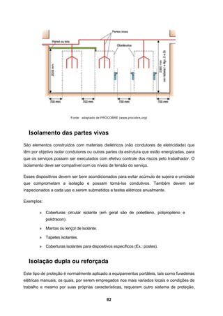 82
Fonte: adaptado de PROCOBRE (www.procobre.org)
Isolamento das partes vivas
São elementos construídos com materiais dielétricos (não condutores de eletricidade) que
têm por objetivo isolar condutores ou outras partes da estrutura que estão energizadas, para
que os serviços possam ser executados com efetivo controle dos riscos pelo trabalhador. O
isolamento deve ser compatível com os níveis de tensão do serviço.
Esses dispositivos devem ser bem acondicionados para evitar acúmulo de sujeira e umidade
que comprometam a isolação e possam torná-los condutivos. Também devem ser
inspecionados a cada uso e serem submetidos a testes elétricos anualmente.
Exemplos:
» Coberturas circular isolante (em geral são de polietileno, polipropileno e
polidracon).
» Mantas ou lençol de isolante.
» Tapetes isolantes.
» Coberturas isolantes para dispositivos específicos (Ex.: postes).
Isolação dupla ou reforçada
Este tipo de proteção é normalmente aplicado a equipamentos portáteis, tais como furadeiras
elétricas manuais, os quais, por serem empregados nos mais variados locais e condições de
trabalho e mesmo por suas próprias características, requerem outro sistema de proteção,
 
