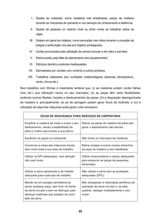 95
I. Queda de materiais, como madeiras mal empilhadas, peças de madeira
durante as manobras de içamento e nos serviços de cimbramento e desforma.
II. Queda de pessoas no mesmo nível ou entre níveis ao trabalhar sobre as
vigas.
III. Golpes em geral por objetos, como pancadas nas mãos durante a cravação de
pregos e perfuração nos pés por objetos pontiagudos.
IV. Cortes provocados pela utilização de serras (circular e de mão) e serrotes.
V. Eletrocussão pela falta de aterramento dos equipamentos.
VI. Esforços devido a posturas inadequadas.
VII. Dermatoses por contato com cimento e outros produtos.
VIII. Trabalhos realizados sob condições meteorológicas adversas (temperatura,
vento, chuva etc.).
Nos trabalhos com fôrmas é importante lembrar que: (i) as madeiras podem conter falhas
(nós etc.) que ofereçam riscos no seu manuseio; (ii) as peças têm certa flexibilidade,
podendo ocorrer flexões, torções e deslocamentos de peças; (iii) a disposição desorganizada
da madeira e, principalmente, do pó de serragem podem gerar focos de incêndio; e (iv) a
utilização de algumas máquinas pode gerar ruído excessivo.
DICAS DE SEGURANÇA PARA SERVIÇOS DE CARPINTARIA
Empilhar a madeira de modo a evitar o seu
deslizamento, sendo a estabilidade da
pilha o critério para limitar a sua altura.
Retirar as peças de madeira da pilha sem
gerar o deslizamento das demais.
Equilibrar as peças no transporte Não fumar no manuseio de madeiras.
Conservar a mesa das máquinas limpas,
bem como toda a sua área de trabalho.
Retirar pregos e outros corpos estranhos
da peça de madeira a ser trabalhada
Utilizar os EPI adequados, mas atenção:
não usar luvas.
Utilizar empurradores e calços adequados
para empurrar as peças de pequenas
dimensões.
Utilizar a serra apropriada e de medida
adequada para cada tipo de trabalho.
Não utilizar a serra sem as proteções
adequadas (EPC).
Manter-se em posição semilateral ao
serrar qualquer peça, sem ficar na frente
da serra circular e sem se debruçar para
alcançar materiais que estejam do outro
lado da serra.
Não ultrapassar a velocidade periférica de
operação da serra circular e, se esta
quebrar, desligar imediatamente o seu
motor.
 