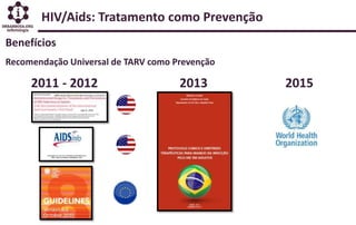 HIV/Aids: Tratamento como Prevenção
Benefícios
Recomendação Universal de TARV como Prevenção
2013 20152011 - 2012
 