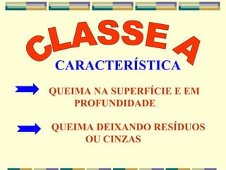 CLASSE A CARACTERÍSTICA QUEIMA NA SUPERFÍCIE E EM PROFUNDIDADE QUEIMA DEIXANDO RESÍDUOS OU CINZAS 