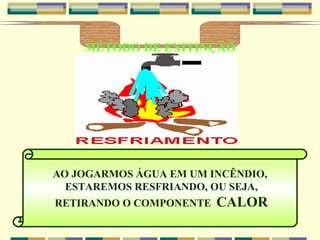 MÉTODO DE EXITINÇÃO AO JOGARMOS ÁGUA EM UM INCÊNDIO, ESTAREMOS RESFRIANDO, OU SEJA, RETIRANDO O COMPONENTE  CALOR 