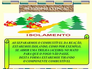 MÉTODOS DE EXTINÇÃO AO SEPARARMOS O COMBUSTÍVEL DA REAÇÃO, ESTAREMOS ISOLANDO, COMO POR EXEMPLO, SE ABRIR UMA TRILHA (ACEIRO) NO MATO PARA QUE O FOGO NÃO PASSE.  DESTA FORMA ESTAREMOS TIRANDO O COMPONENTE COMBUSTÍVEL 