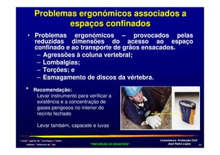 Problemas ergonómicos associados a
espaços confinados
• Problemas ergonómicos – provocados pelas
reduzidas dimensões do acesso ao espaço
confinado e ao transporte de grãos ensacados.
– Agressões à coluna vertebral;
– Lombalgias;
– Torções; e
– Esmagamento de discos da vértebra.

•

Recomendação:
Levar instrumento para verificar a
existência e a concentração de
gases perigosos no interior do
recinto fechado
Levar também, capacete e luvas

Escola Superior de Tecnologia e Gestão
Instituto Politécnico de Beja

!
"
!
"

#
#

$!
$!

 