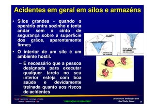 Acidentes em geral em silos e armazéns
• Silos grandes - quando o
operário entra sozinho e tenta
andar sem o cinto de
segurança sobre a superfície
dos grãos, aparentemente
firmes
• O interior de um silo é um
ambiente hostil.
– É necessário que a pessoa
designada para executar
qualquer tarefa no seu
interior esteja com boa
saúde
e
devidamente
treinada quanto aos riscos
de acidentes
Escola Superior de Tecnologia e Gestão
Instituto Politécnico de Beja

!
"
!
"

#
#

$!
$!

,

 