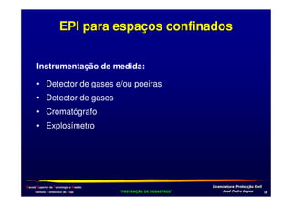 EPI para espaços confinados
Instrumentação de medida:
• Detector de gases e/ou poeiras
• Detector de gases
• Cromatógrafo
• Explosímetro

Escola Superior de Tecnologia e Gestão
Instituto Politécnico de Beja

!
"
!
"

#
#

$!
$!

0

 