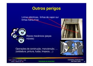 Outros perigos
Linhas eléctricas, linhas de vapor our
linhas hidráulicas

Riscos mecânicos (peças
móveis)

Operações de construção, manutenção, …
(soldadura, pintura, fusão, limpeza, ...)

Escola Superior de Tecnologia e Gestão
Instituto Politécnico de Beja

!
"
!
"

#
#

$!
$!

++

 