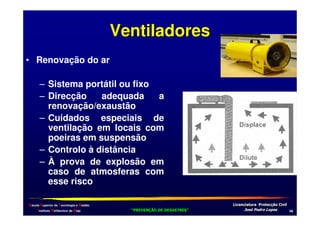Ventiladores
• Renovação do ar
– Sistema portátil ou fixo
– Direcção
adequada
a
renovação/exaustão
– Cuidados especiais de
ventilação em locais com
poeiras em suspensão
– Controlo à distância
– À prova de explosão em
caso de atmosferas com
esse risco
Escola Superior de Tecnologia e Gestão
Instituto Politécnico de Beja

!
"
!
"

#
#

$!
$!

+.

 