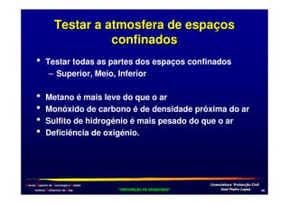 Testar a atmosfera de espaços
confinados
•

Testar todas as partes dos espaços confinados
– Superior, Meio, Inferior

•
•
•
•

Metano é mais leve do que o ar
Monóxido de carbono é de densidade próxima do ar
Sulfito de hidrogénio é mais pesado do que o ar
Deficiência de oxigénio.

Escola Superior de Tecnologia e Gestão
Instituto Politécnico de Beja

!
"
!
"

#
#

$!
$!

,2

 