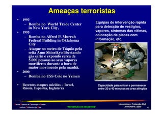 Ameaças terroristas
•

1993

•

1995

•

2000

•

Recentes ataques suicidas - Israel,
Rússia, Espanha, Inglaterra

– Bomba no World Trade Center
in New York City,
– Bomba no Alfred P. Murrah
Federal Building in Oklahoma
City
– Ataque no metro de Tóquio pela
seita Aum Shinrikyo libertando
gás sarin e expondo cerca de
5.000 pessoas ao seus vapores
mortíferos durante a hora de
maior movimento pela manhã.

Equipas de intervenção rápida
para detecção de vestígios,
vapores, sintomas das vítimas,
colocação de placas com
informação, etc.

– Bomba no USS Cole no Yemen

Escola Superior de Tecnologia e Gestão
Instituto Politécnico de Beja

Capacidade para entrar e permanecer
entre 20 a 40 minutos na área atingida

!
"
!
"

#
#

$!
$!

,/

 