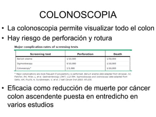 COLONOSCOPIA
• La colonoscopia permite visualizar todo el colon
• Hay riesgo de perforación y rotura




• Eficacia como reducción de muerte por cáncer
  colon ascendente puesta en entredicho en
  varios estudios
 