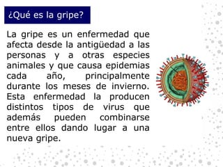 ¿Qué es la gripe? La gripe es un enfermedad que afecta desde la antigüedad a las personas y a otras especies animales y que causa epidemias cada año, principalmente durante los meses de invierno. Esta enfermedad la producen distintos tipos de virus que además pueden combinarse entre ellos dando lugar a una nueva gripe. 