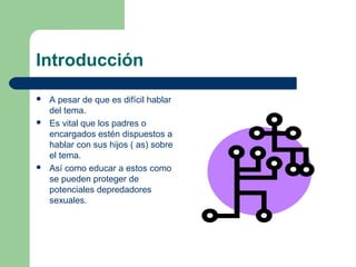 Introducción
 A pesar de que es difícil hablar
del tema.
 Es vital que los padres o
encargados estén dispuestos a
hablar con sus hijos ( as) sobre
el tema.
 Así como educar a estos como
se pueden proteger de
potenciales depredadores
sexuales.
 