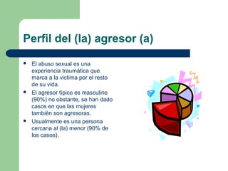 Perfil del (la) agresor (a)
 El abuso sexual es una
experiencia traumática que
marca a la victima por el resto
de su vida.
 El agresor típico es masculino
(90%) no obstante, se han dado
casos en que las mujeres
también son agresoras.
 Usualmente es una persona
cercana al (la) menor (90% de
los casos).
 