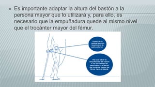  Es importante adaptar la altura del bastón a la
persona mayor que lo utilizará y, para ello, es
necesario que la empuñadura quede al mismo nivel
que el trocánter mayor del fémur.
 