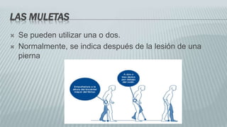 LAS MULETAS
 Se pueden utilizar una o dos.
 Normalmente, se indica después de la lesión de una
pierna
 