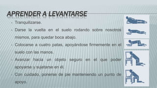 APRENDER A LEVANTARSE
 Tranquilizarse.
 Darse la vuelta en el suelo rodando sobre nosotros
mismos, para quedar boca abajo.
 Colocarse a cuatro patas, apoyándose firmemente en el
suelo con las manos.
 Avanzar hacia un objeto seguro en el que poder
apoyarse y sujetarse en él.
 Con cuidado, ponerse de pie manteniendo un punto de
apoyo.
 