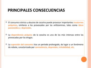 PRINCIPALES CONSECUENCIAS


El consumo crónico y abusivo de cocaína puede provocar importantes trastornos
psíquicos, similares a los provocados por las anfetaminas, tales como ideas
paranoides y depresión.



La dependencia psíquica de la cocaína es una de las más intensas entre las
provocadas por las drogas.



La supresión del consumo tras un periodo prolongado, da lugar a un fenómeno
de rebote, caracterizado por somnolencia, depresión, irritabilidad, etc.

 