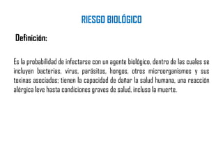 RIESGO BIOLÓGICO
Definición:
Es la probabilidad de infectarse con un agente biológico, dentro de las cuales se
incluyen bacterias, virus, parásitos, hongos, otros microorganismos y sus
toxinas asociadas; tienen la capacidad de dañar la salud humana, una reacción
alérgica leve hasta condiciones graves de salud, incluso la muerte.
 