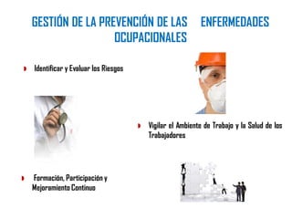  Vigilar el Ambiente de Trabajo y la Salud de los
Trabajadores
 Formación, Participación y
Mejoramiento Continuo
 Identificar y Evaluar los Riesgos
GESTIÓN DE LA PREVENCIÓN DE LAS ENFERMEDADES
OCUPACIONALES
 