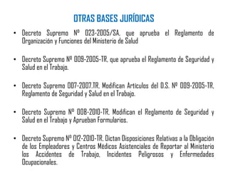 • Decreto Supremo N° 023-2005/SA, que aprueba el Reglamento de
Organización y Funciones del Ministerio de Salud
• Decreto Supremo Nº 009-2005-TR, que aprueba el Reglamento de Seguridad y
Salud en el Trabajo.
• Decreto Supremo 007-2007.TR, Modifican Artículos del D.S. Nº 009-2005-TR,
Reglamento de Seguridad y Salud en el Trabajo.
• Decreto Supremo N° 008-2010-TR, Modifican el Reglamento de Seguridad y
Salud en el Trabajo y Aprueban Formularios.
• Decreto Supremo N° 012-2010-TR, Dictan Disposiciones Relativas a la Obligación
de los Empleadores y Centros Médicos Asistenciales de Reportar al Ministerio
los Accidentes de Trabajo, Incidentes Peligrosos y Enfermedades
Ocupacionales.
OTRAS BASES JURÍDICAS
 
