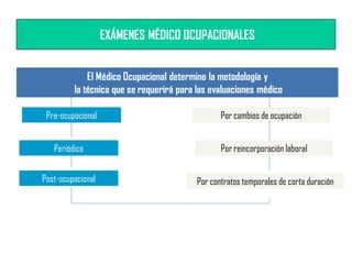 EXÁMENES MÉDICO OCUPACIONALES
Por reincorporación laboral
Por cambios de ocupaciónPre-ocupacional
Por contratos temporales de corta duración
Periódico
Post-ocupacional
El Médico Ocupacional determina la metodología y
la técnica que se requerirá para las evaluaciones médico
 