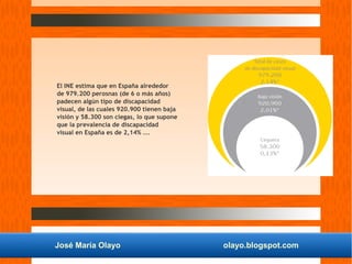 José María Olayo olayo.blogspot.com
El INE estima que en España alrededor
de 979.200 perosnas (de 6 o más años)
padecen algún tipo de discapacidad
visual, de las cuales 920.900 tienen baja
visión y 58.300 son ciegas, lo que supone
que la prevalencia de discapacidad
visual en España es de 2,14% ...
 