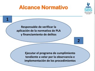 Alcance Normativo

1
        Responsable de verificar la
    aplicación de la normativa de PLA
       y financiamiento de delitos

                                                   2

          Ejecutar el programa de cumplimiento
          tendiente a velar por la observancia e
         implementación de los procedimientos
 