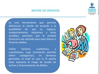 MATRIZ DE RIESGOS



Es una herramienta que permite
diferenciar al cliente de acuerdo a la
posibilidad de que su negocio,
comportamiento, relaciones y otras
variables, permitan que la entidad
financiera sea utilizada para lavar dinero o
financiar delitos.

Utiliza      factores     cualitativos     y
cuantitativos, cuya correlación permite
inferir    (categorizar),   en      términos
generales, el nivel en que la ifi podría
estar expuesta al riesgo de lavado de
activos y financiamiento de delitos.
 