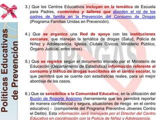 3.) Que los Centros Educativos incluyan en la temática de Escuela
                          para Padres, contenidos y talleres que aborden el rol de los
                          padres de familia en la Prevención del Consumo de Drogas
                          (Programa Familias Unidas en Prevención).
Políticas Educativas


                       4.) Que se organice una Red de apoyo con las instituciones
                          cercanas, que manejan la temática de drogas (Salud, Policía de
   de Prevención


                          Niñez y Adolescencia, Iglesia, Clubes Cívicos, Ministerio Público,
                          Órgano Judicial, entre otros).


                       5.) Que se registre según el documento enviado por el Ministerio de
                          Educación (Departamento de Estadística) información referente al
                          consumo y tráfico de drogas suscitados en el centro escolar, lo
                          que permitirá que se cuente con estadísticas reales, para un mejor
                          abordaje de los casos.


                       6.) Que se sensibilice a la Comunidad Educativa, en la utilización del
                          Buzón de Reporte Anónimo (herramienta que les permitirá reportar
                          de manera confidencial y segura, situaciones de riesgo en el centro
                          educativo) - (componente del Programa Preventivo Jóvenes Contra
                          el Delito). Esta información será manejada por el Director del Centro
                          Educativo en coordinación con la Policía de Niñez y Adolescencia.
 