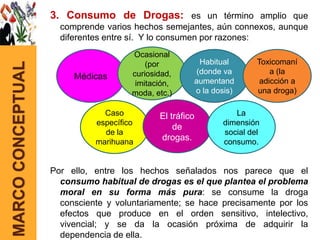 3. Consumo de Drogas: es un término amplio que
                     comprende varios hechos semejantes, aún connexos, aunque
                     diferentes entre sí. Y lo consumen por razones:
                                      Ocasional
                                                        Habitual      Toxicomaní
MARCO CONCEPTUAL

                                          (por
                                      curiosidad,      (donde va          a (la
                        Médicas
                                       imitación,     aumentand        adicción a
                                      moda, etc.)     o la dosis)     una droga)

                               Caso          El tráfico         La
                             específico                      dimensión
                                                 de
                               de la                         social del
                             marihuana
                                             drogas.         consumo.


                   Por ello, entre los hechos señalados nos parece que el
                     consumo habitual de drogas es el que plantea el problema
                     moral en su forma más pura: se consume la droga
                     consciente y voluntariamente; se hace precisamente por los
                     efectos que produce en el orden sensitivo, intelectivo,
                     vivencial; y se da la ocasión próxima de adquirir la
                     dependencia de ella.
 