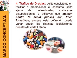 4. Tráfico de Drogas: delito consistente en
                   facilitar o promocionar el consumo ilícito
                   ajeno      de   determinadas    sustancias
                   estupefacientes y adictivas que atentan
MARCO CONCEPTUAL


                   contra la salud pública con fines
                   lucrativos, aunque esta definición puede
                   variar según las distintas legislaciones
                   penales de cada Estado.
 