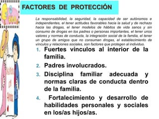FACTORES DE PROTECCIÓN
   La responsabilidad, la seguridad, la capacidad de ser autónomos e
   independientes, el tener actitudes favorables hacia la salud y de rechazo
   hacia las drogas, el tener modelos de hábitos de vida sanos y sin
   consumo de drogas en los padres o personas importantes, el tener unos
   valores y normas de conducta, la integración social de la familia, el tener
   un grupo de amigos que no consuman drogas, el establecimiento de
   vínculos y relaciones sociales, son factores que protegen al individuo.
   1. Fuertes vínculos al interior de la
      familia.
   2. Padres involucrados.
   3. Disciplina familiar adecuada y
      normas claras de conducta dentro
      de la familia.
   4.   Fortalecimiento y desarrollo de
      habilidades personales y sociales
      en los/as hijos/as.
 