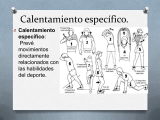 Calentamiento específico.
O Calentamiento

específico:
Prevé
movimientos
directamente
relacionados con
las habilidades
del deporte.

 